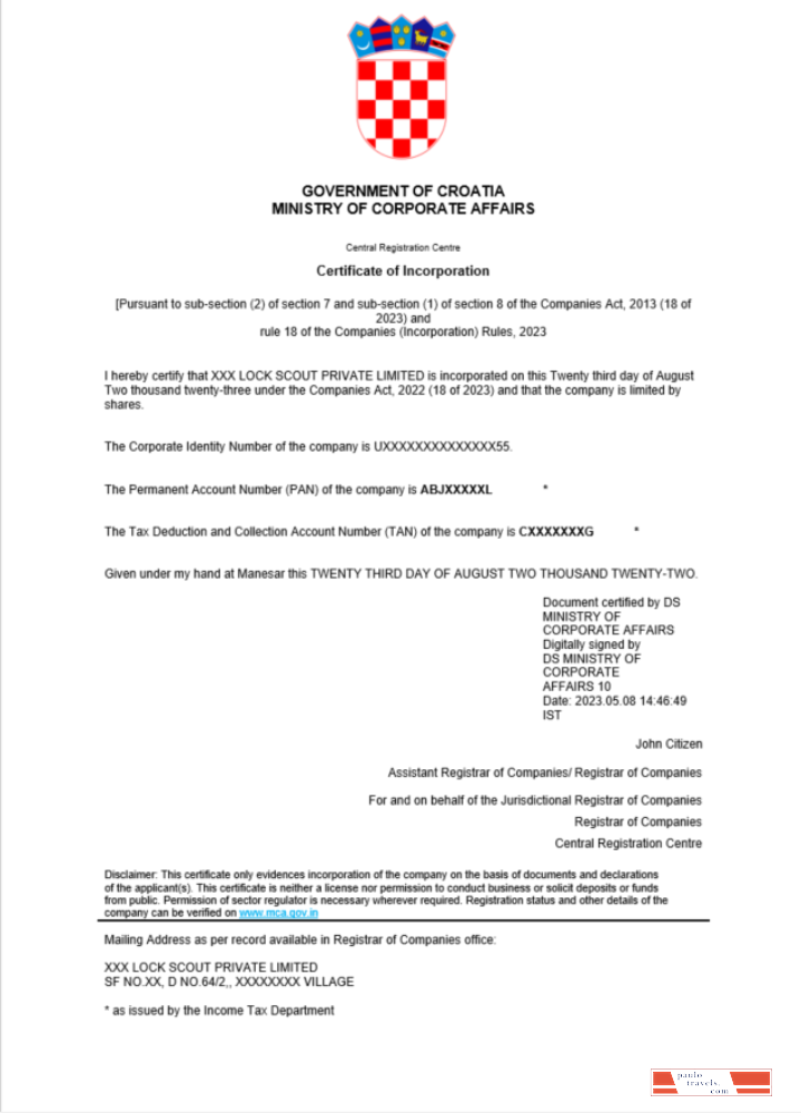 Croatia certificate of registration Word and PDF template